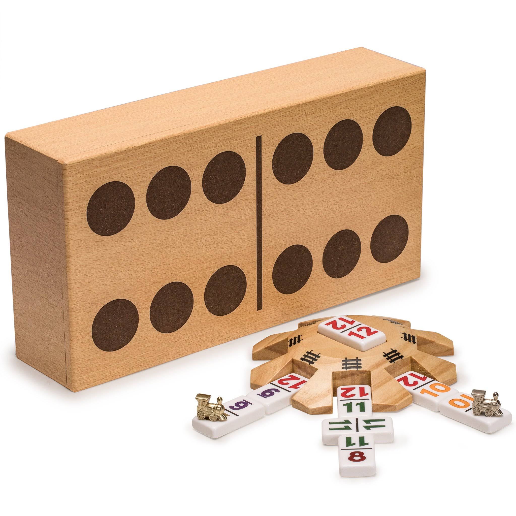 Yellow Mountain Imports - Complete Mexican Train Dominoes Set with Double 12 Dominoes Featuring Numerals, Wooden Hub, Train Mark