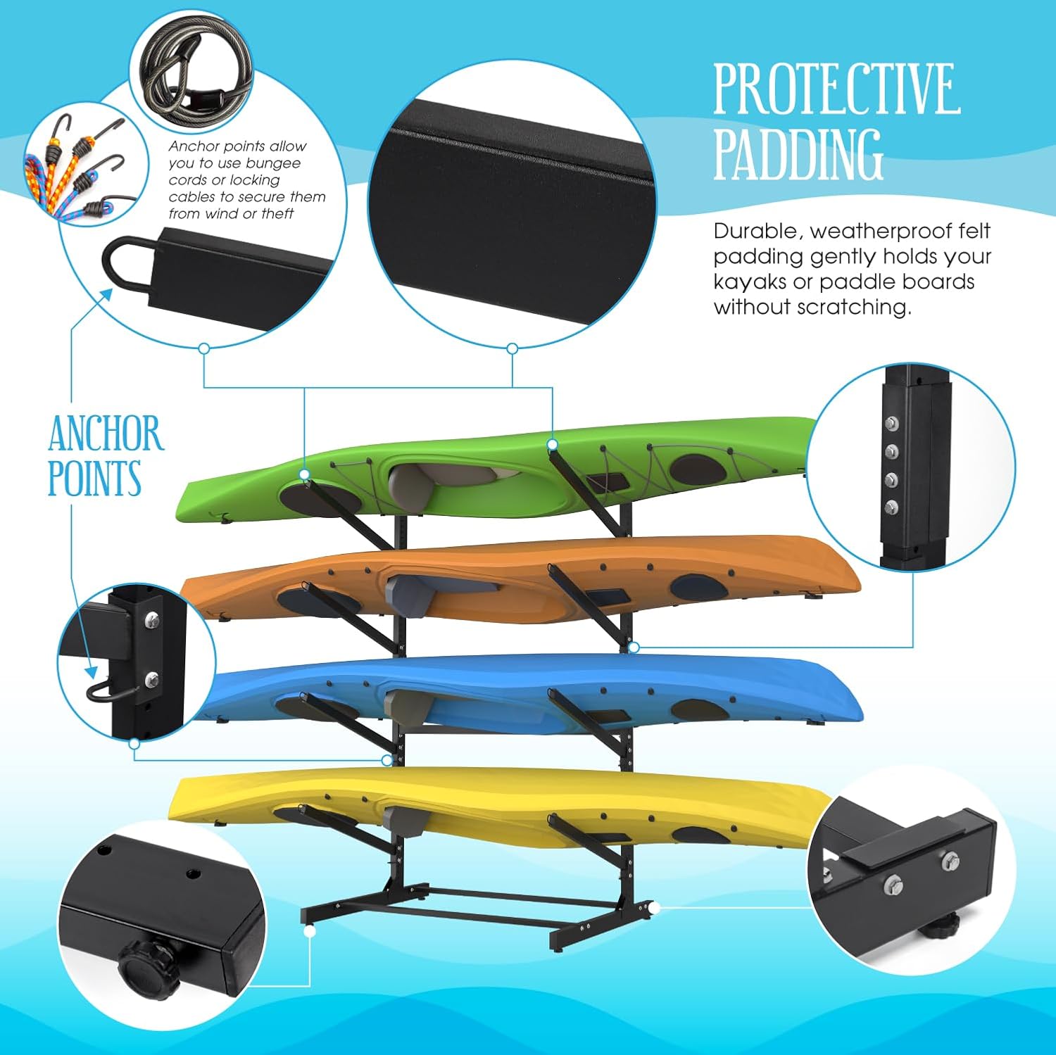 Adjustable Kayak Storage Rack, Freestanding Sup Storage Stand, Weatherproof Canoe Holder, Heavy Duty Paddleboard Bracket, Surfboard Bracket for Indoor, Outdoor, Garage, Shed, Dock (4 Levels)