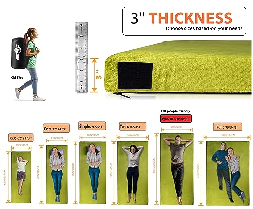 Thick Memory Foam Camping Mattress Sleeping Pad [Car/Tent/Cot] 3 Inch Portable Floor Mat Roll Up for Guests Kids Adult Sleepover