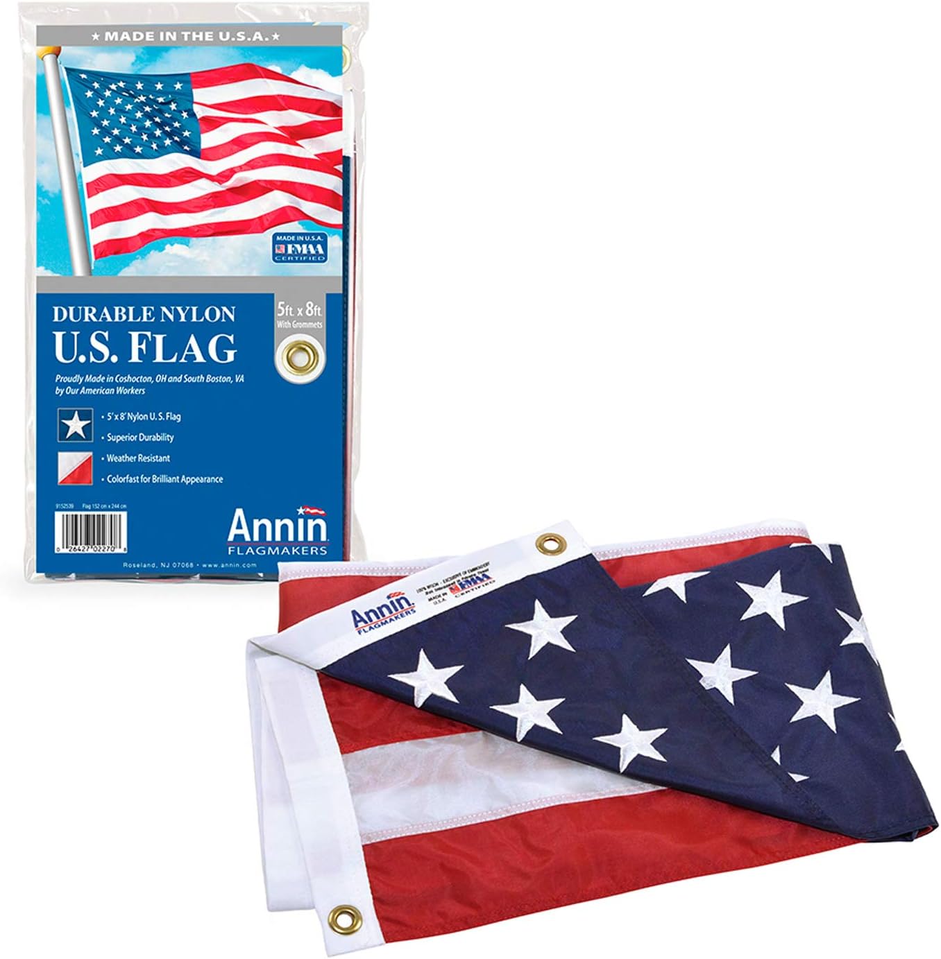 Annin & Co Model 2460 American Flag Nylon SolarGuard NYL-Glo, 3x5 ft, 100% Made in USA with Sewn Stripes, Embroidered Stars and Brass Grommets