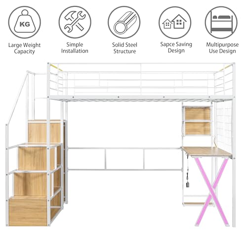 Full Size Loft Bed with Desk and Stairs,Metal Gaming Loft Bed Full with Wardrobe and Shelf, High Loft Bed with LED & USB Charging Station for Teens, Adults, Space Saving Design,Black