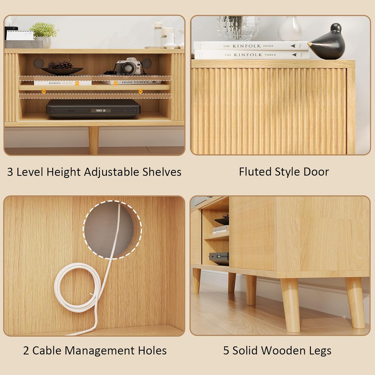 TV Stand for TVs Up to 75 Inches, Boho Entertainment Center Wood TV Stand with Fluted Sliding Doors & Shelves, TV Console Table Media Cabinet with Storage for Living Room Bedroom, Natural