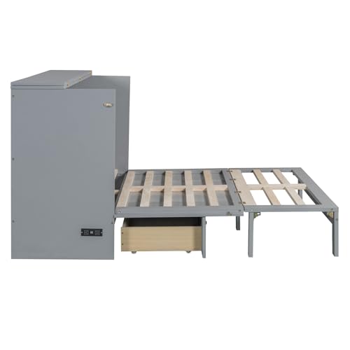Full Size Murphy Bed Cabinet, Solid Wood Murphy Bed with Charging Station and Large Storage Drawer, Wall Mounted Foldable Platform Bed, Space Saving for Guest Room, Office, Gray