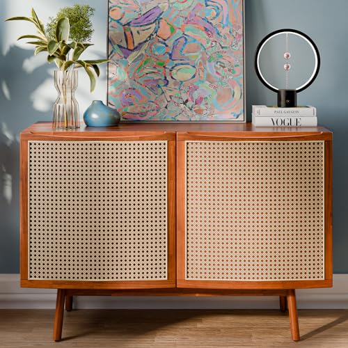 Bme Nancy Solid Acacia Wood Coffee Table for Living Room, Spacious Oval-Shaped 237 Lbs Top Capacity, Rattan Shelf Below, Mid Century, Rustic and Modern Style Living Room Furniture, Dark Chocolate