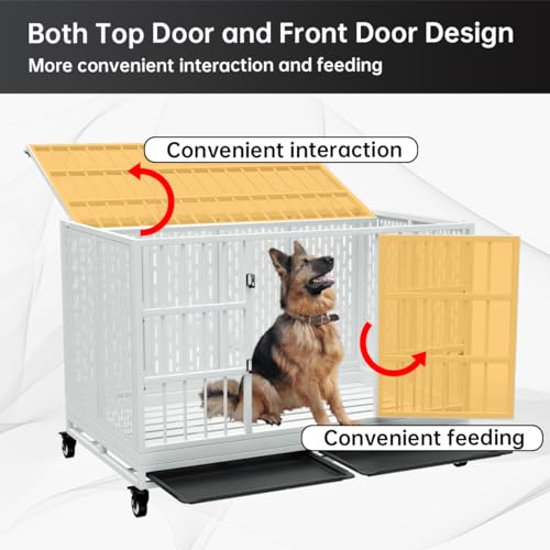 48 Inch Heavy Duty Dog Crate with Wheels, Folding Metal Big Dog Cage for Large and Medium Dogs, Extra Large XL XXL Indestructible Dog Crate with Removable Tray.