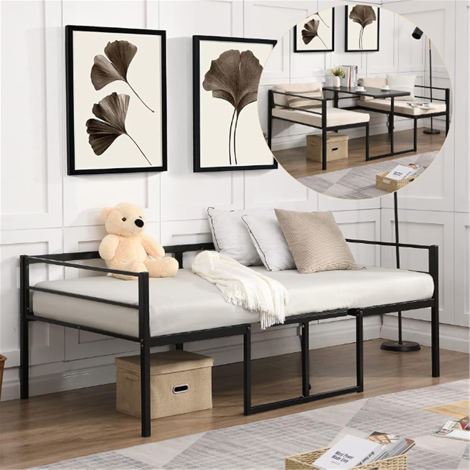 Metal Daybed with Trundle, Twin Size Day Bed Frame with Pullout Trundle, Heavy-Duty Daybed for Living Room Bedroom Kids Teens and Adults, Black