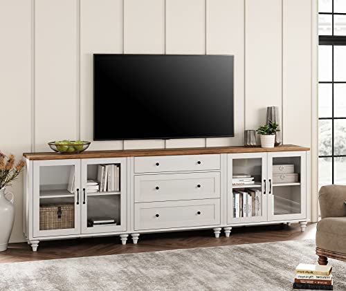 WAMPAT 3-in-1 Sideboard Buffet Cabinet with Storage, Kitchen Pantry Storage Cabinet with Glass Door & Drawer, Console Table Entertainment Center for Living Room Dining Room, Off White