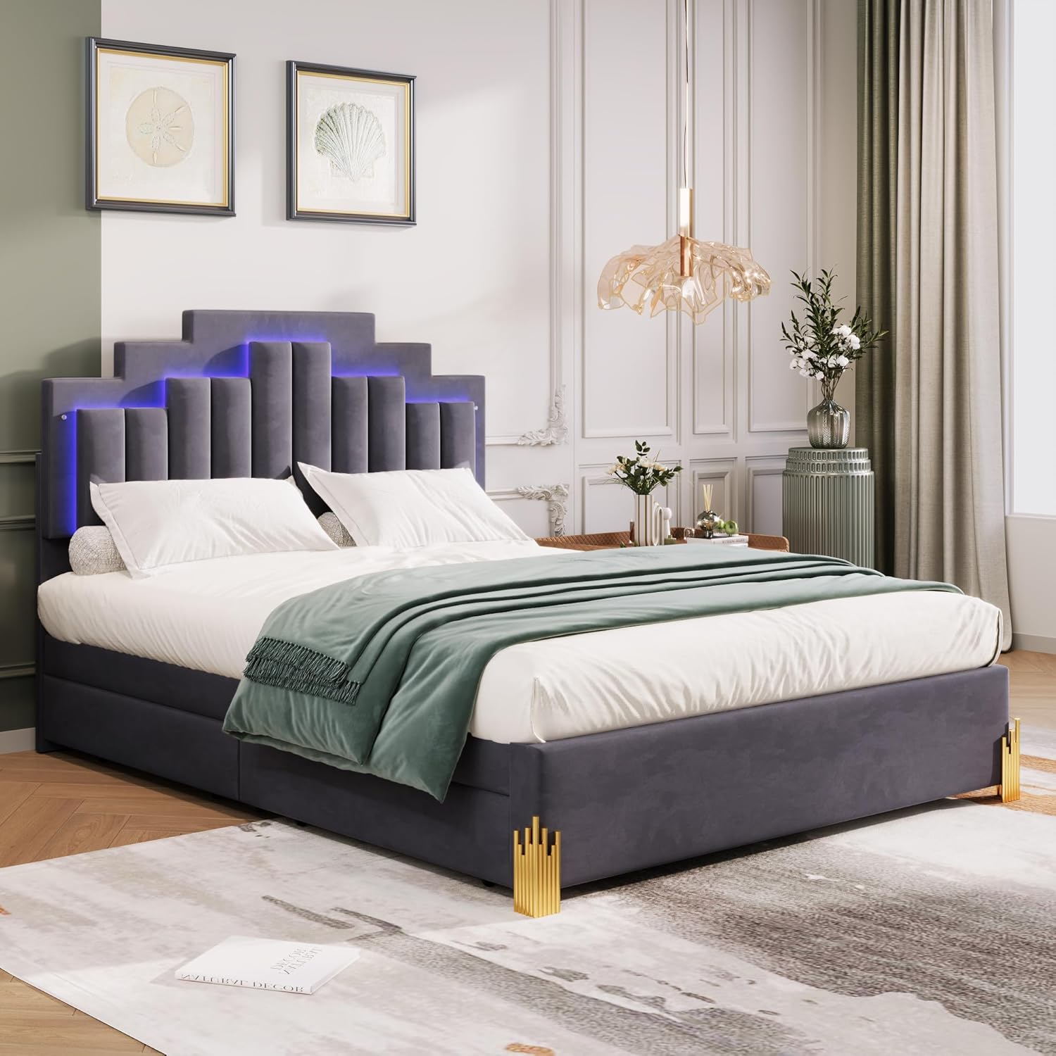 Queen Size Upholstered Platform Velvet Bed with LED Lights and 4 Drawers, Stylish Irregular Metal Bed Legs Design, Easy to Assembly, for Bedroom, Guest Room, Apartment, Gray