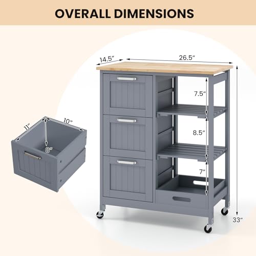 Kitchen Island, Rolling Storage Cart with Drawers & Removable Tray, Wood Storage Cart on Wheels with Countertop & 3 Tier Shelves, Modern Island Table for Kitchen, Dining Room