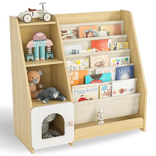Montessori Kids Bookshelf, 5 Sling Baby Bookcase, 4 Tier Display Shelves, Wooden Book Rack, Toddler Toy Storage Organizer Cabinet, Floor Children Bookshelf Nursery Playroom Bedroom Library, Natural