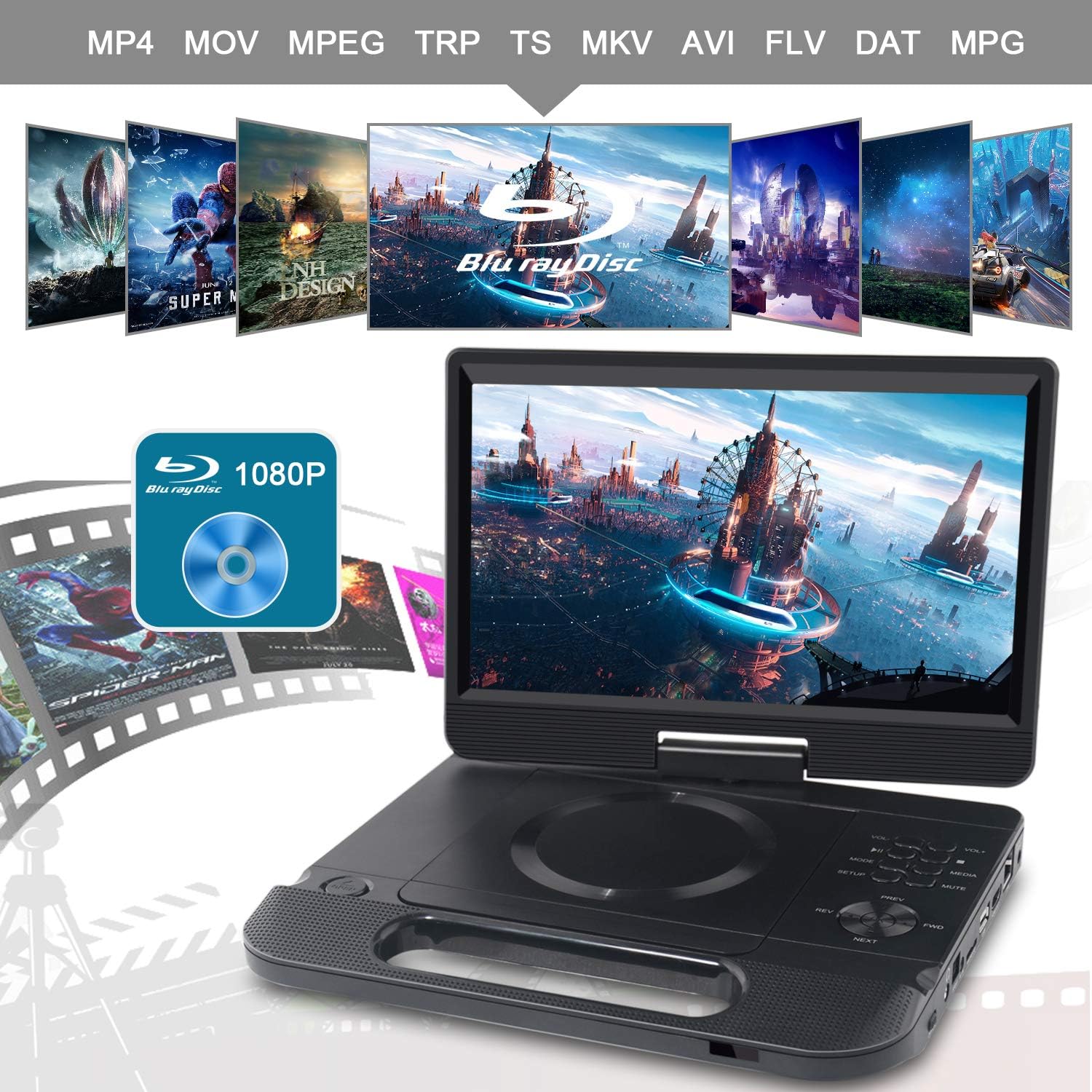 FANGOR 12.5 1080P Portable Blu-Ray Player with 10.5 HD Swivel Screen, HDMI Out & AV in, Multi Media Player, 5 Hours Rechargeable Battery, Supports USB/SD Card, Last Memory, Region Free
