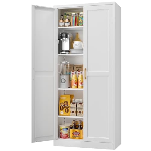 71" Tall Metal Storage Cabinet, Kitchen Pantry Storage Cabinets with Doors and 4 Shelves, White Pantry Cabinet, Utility Kitchen Cupboard, Large Steel Cabinets for Dining Room, Office, Living Room