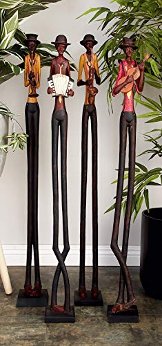 Deco 79 Polystone Musician Decorative Sculpture Tall Long Legged Jazz Band Home Decor Statues with Black Base Stand, Set of 4 Accent Figurines 5"W, 40"H, Brown