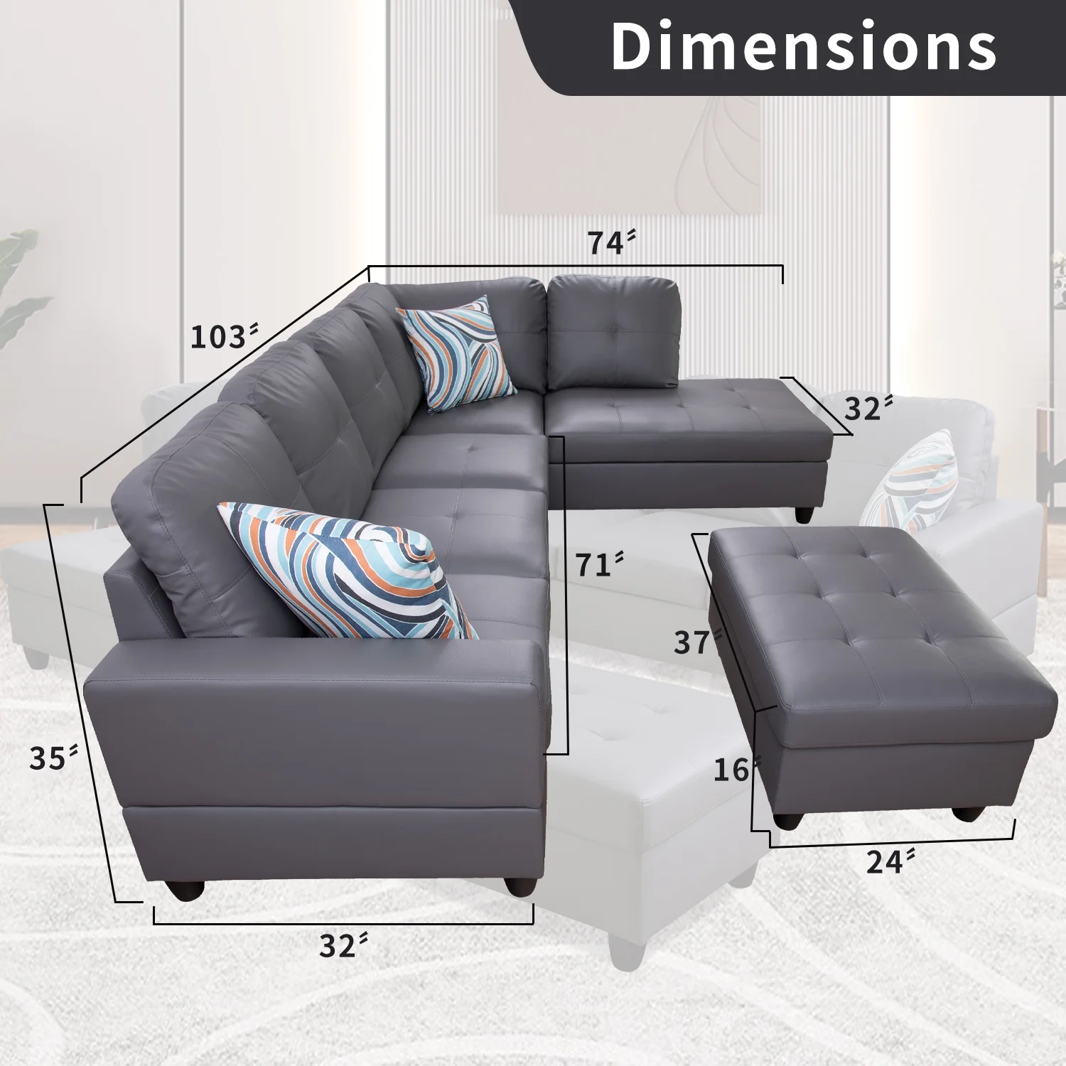 PonLiving Sectional Sofa Couch, L-Shaped 3-Piece Couch Living Room Sofa Set for Small Space, Apartment, Loft, Office, Right Hand Facing, Dark Grey