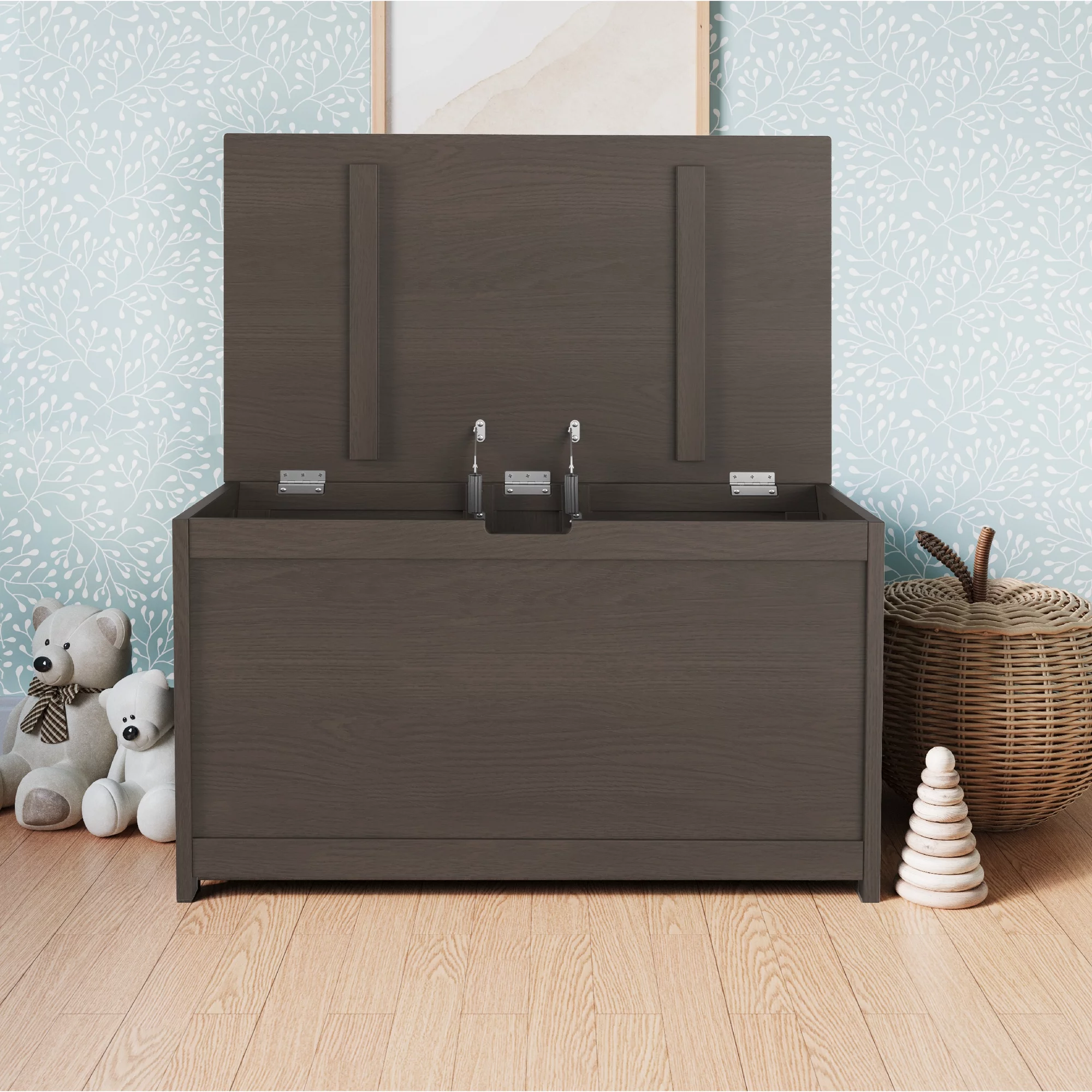 Child Craft Scout 4-Piece Nursery Set with 4-in-1 Convertible Crib, Dresser with Changing Table Topper, Cozy Glider, and Toy Box (Dapper Gray)