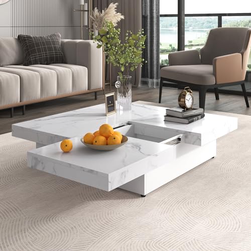 Square Coffee Table, 39.4" - 66.1" Marble Veneer Coffee Table Sliding Top with Storage, Modern Wood Center Table for Living Room, Apartment, White