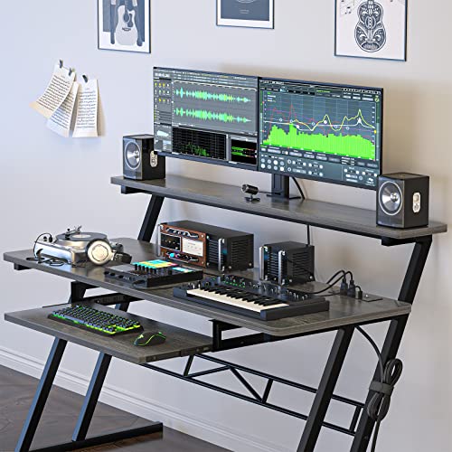 armocity 47'' Music Studio Desk with Power Outlet, Studio Desk for Music Production, Recording Studio Desk for Producer, Studio Workstation Desk for Music Recording, Piano Tray, Raised Stand, Oak