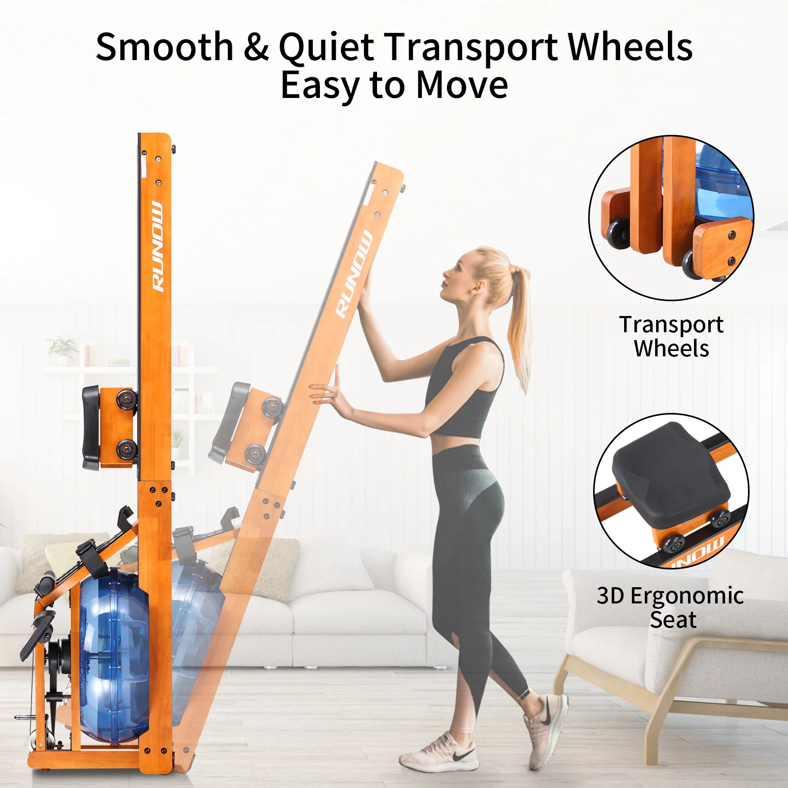 RUNOW Water Rowing Machine with LCD Monitor Wooden Water Rower 350 LB Wood Rowing Machine for Home Use