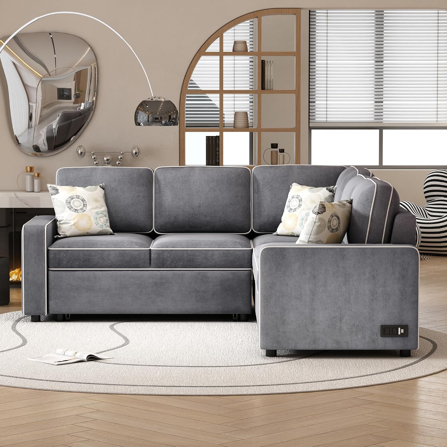 Modern Convertible Sleeper Sofa Linen 5 Person Large L-Shape Sectional Couch with Multi-Functional Pull Out Bed, 2 USB Ports, 2 Power Sockets and 3 Pillows for Living Room, Bedroom, Office