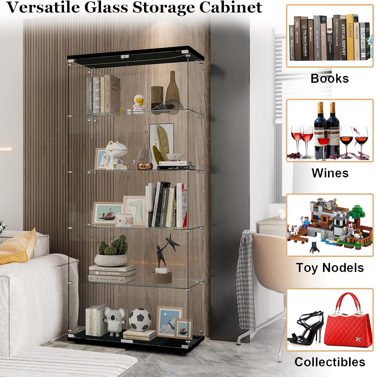 74 Inch High Storage Cabinets with Glass Doors, 5 Layers Glass Display Cabinet for Living Room, Floor Standing Glass Storage Shelf, Curio Display Cabinet Bookshelf for The Study, Black