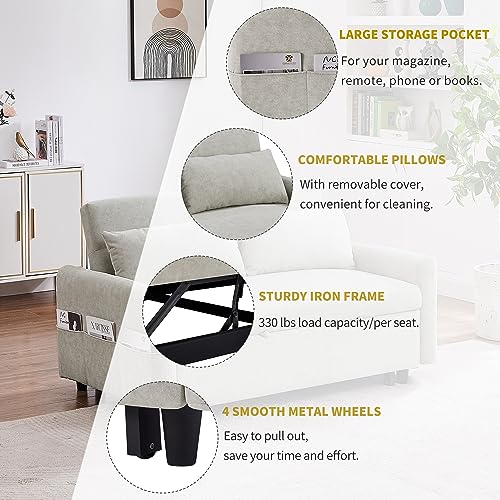GIA 3 in 1 Convertible Sleeper Sofa, Loveseats Futon Couch Pullout Bed for Living Room,Love Seat Chaise Lounge with Adjsutable Backrest, Storage Pockets, 2 Pillows, Gray