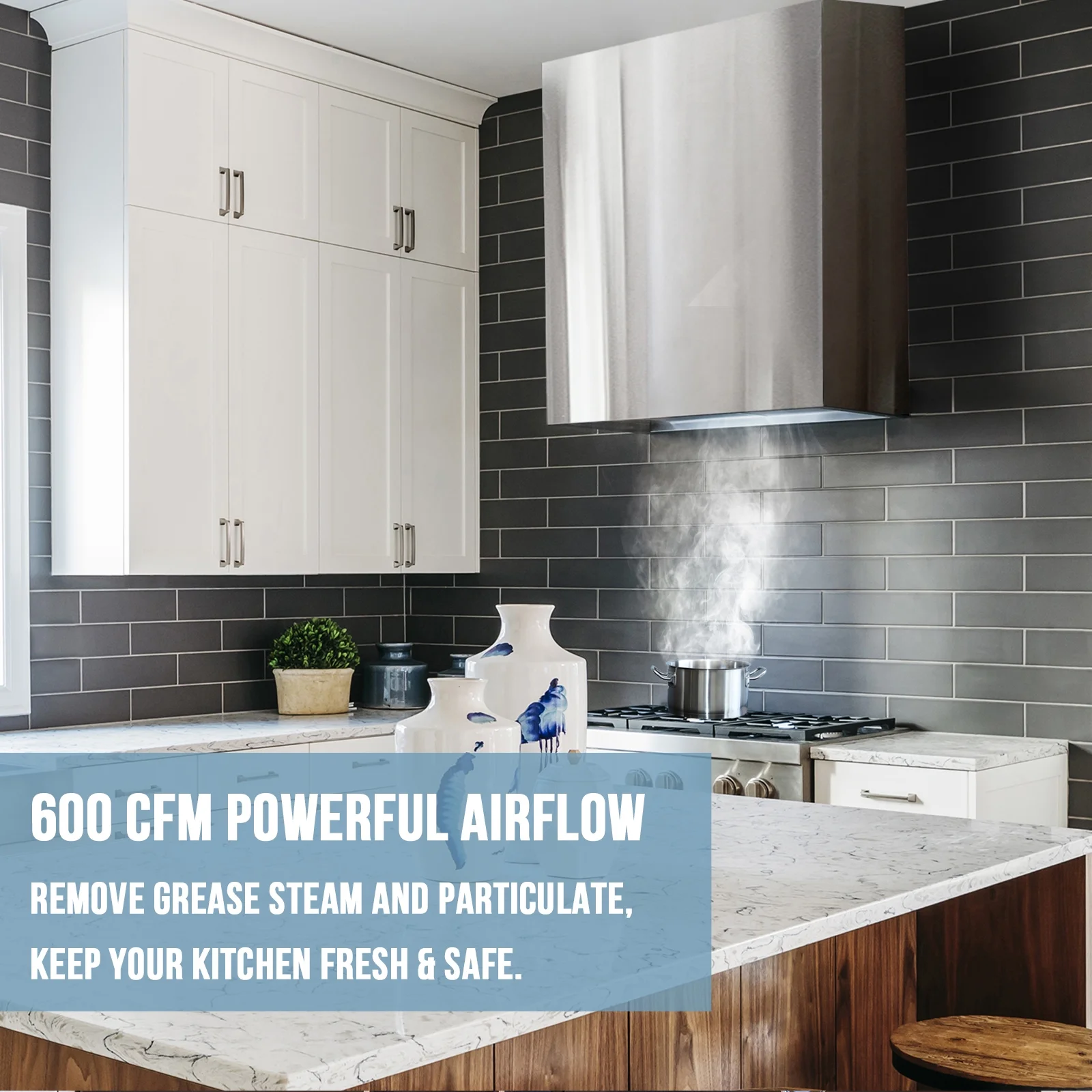 Akicon Stainless Steel Range Hood, Modern Box Kitchen Hood with Powerful Vent Motor, Wall Mount, 30”W*30”H*14D, Signal White