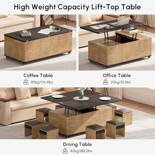 homary Black Lift-Top Coffee Table with Hidden Storage, 3-in-1 Modern Folding Center Table with 4 Stools, Casters, and Lockable Wheels – Convertible Dining & Office Table for Living Room