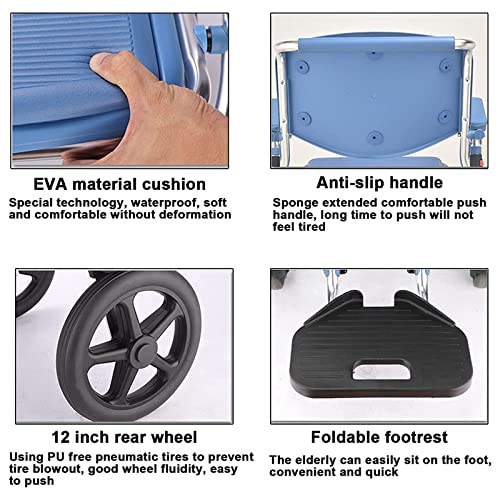 Shower Transport Chairs on Wheels 3 in 1 Folding Shower Wheelchair Bedside Commode with Pail Soft Cushion Backrest Locking Wheels with Large Commode for Seniors (blue)