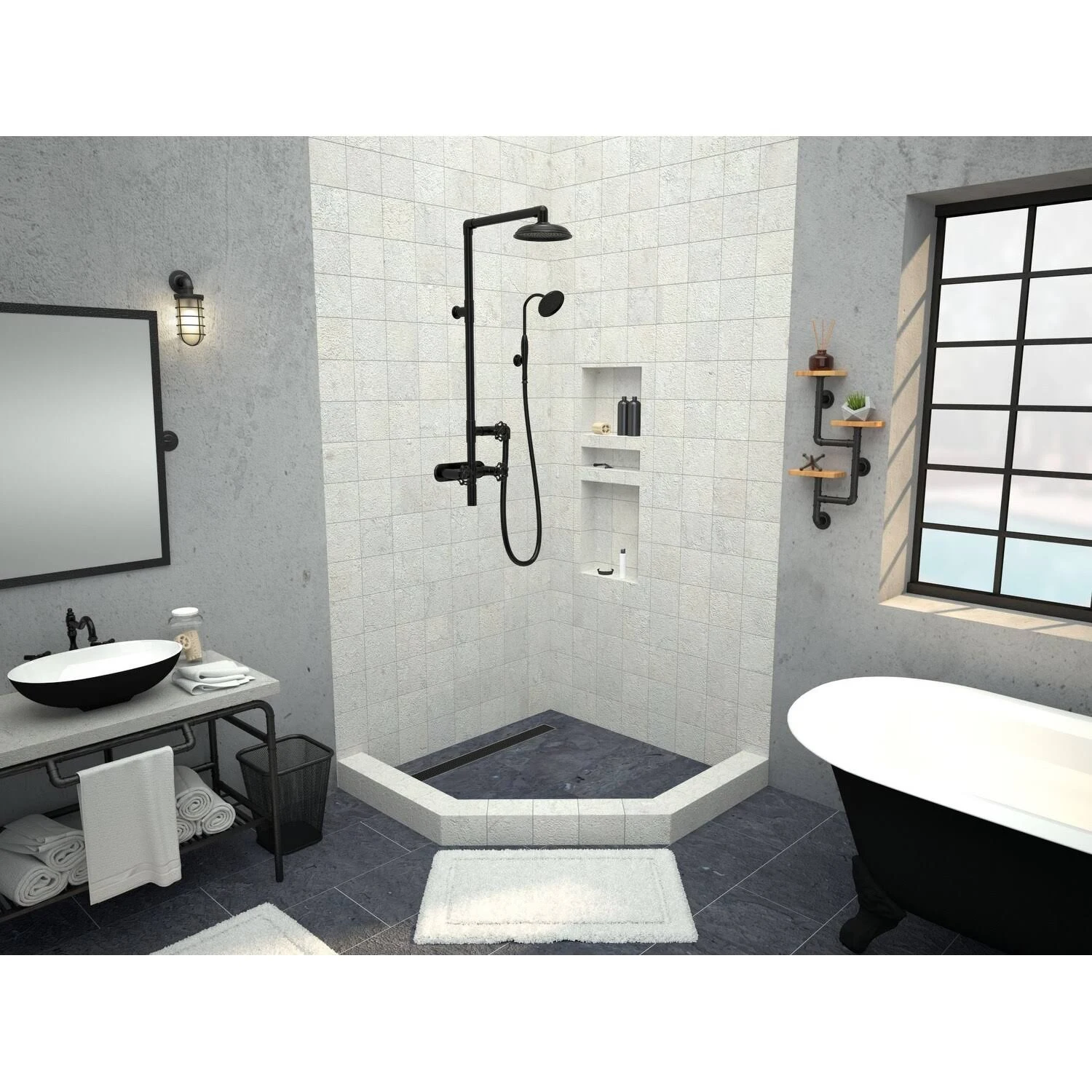 Tile Redi RT48LNeo-PVC Redi Neo 48x22 x 48x22 Neo-Angle Shower Base with - Oil Rubbed Bronze