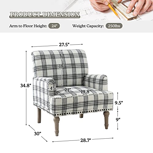 HULALA HOME Modern Accent Chair with Retro Wooden Legs & Nailhead Trim, Comfy Upholstered Armchair Single Sofa for Living Room Bedroom (Plaid, Grey)