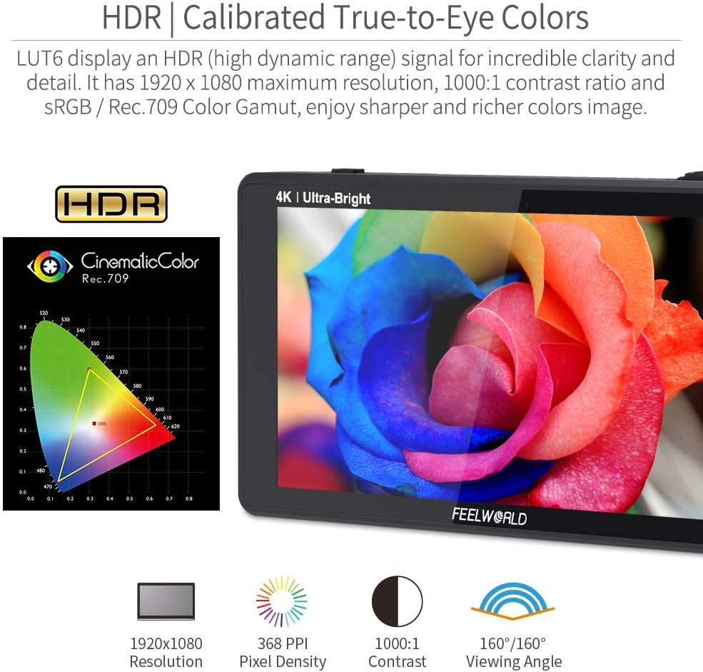 FEELWORLD LUT6 6 Inch 2600nits HDR 3D LUT Touch Screen DSLR Camera Field Monitor with Waveform VectorScope Histogram 4K HDMI Input Output 1920X1080