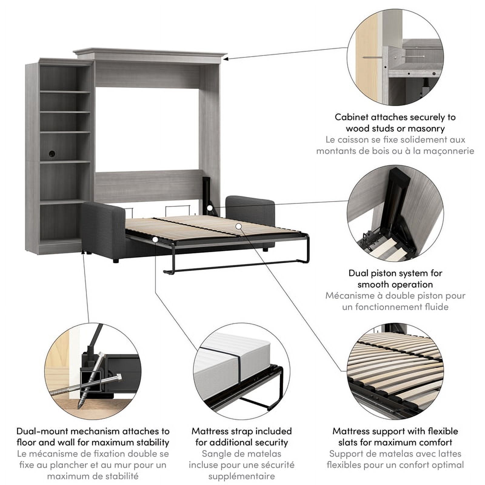 Bestar Versatile Engineered Wood Queen Murphy Bed with Sofa & Organizer in Gray