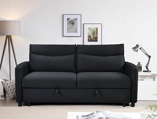 3 in 1 Convertible Sleeper Sofa Bed, Modern Fabric Loveseat Futon Sofa Couch Pullout Bed, Small Love Seat Lounge Sofa w/Reclining Backrest, Furniture for Living Room, Grey (Black)