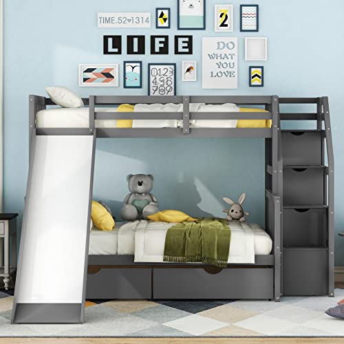 Harper & Bright Designs Twin Over Full Bunk Bed with Slides, Wood Bunk Bed with Stairway and Storage, Low Bunk Bed with Drawers and Safety fence, for Kids and Teenagers (No Box Spring Needed, White)