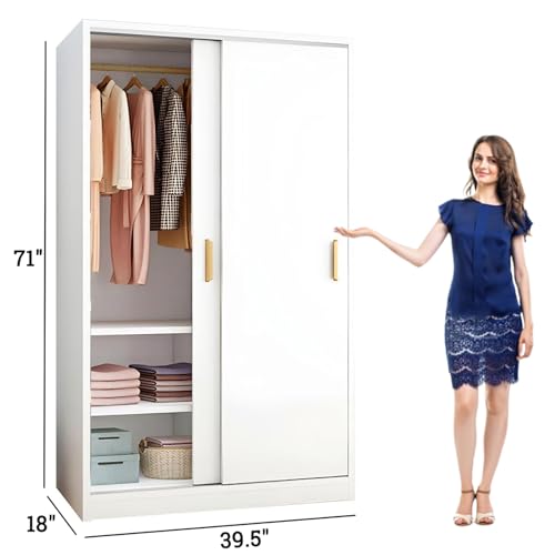 Armoire Wardrobe Closet Cabinet with Sliding Door,Freestanding Bedroom Closet Wardrobe with Shelves & Hanging Rods,Tall Wood Clothes Organizer Storage Cabinet(55" W, Natural)