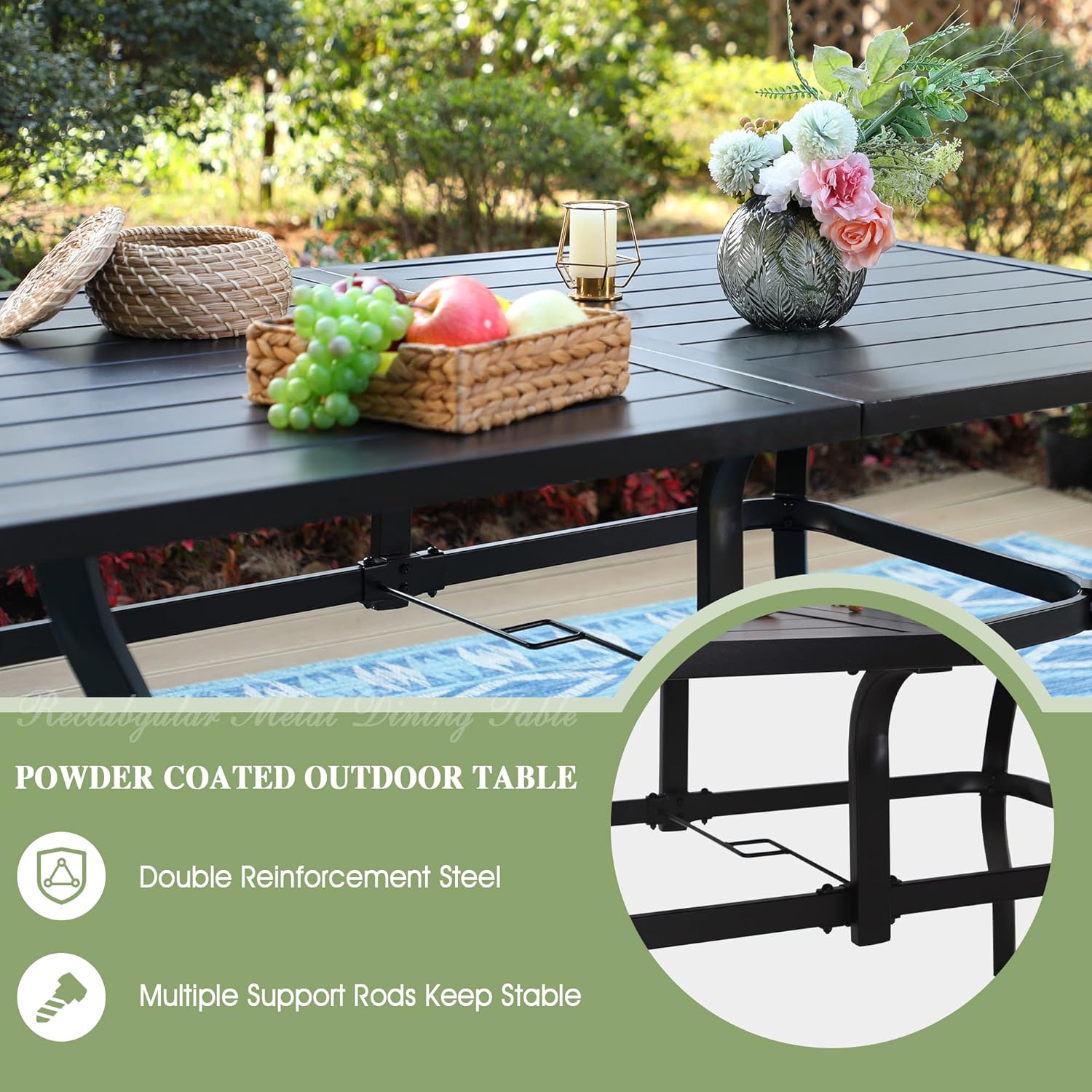 PHI VILLA Patio Dining Table for 6 Outdoor Patio Table 60" x 38" Weather-Resistant Rectangular Table for Deck, Garden, Backyard, Black