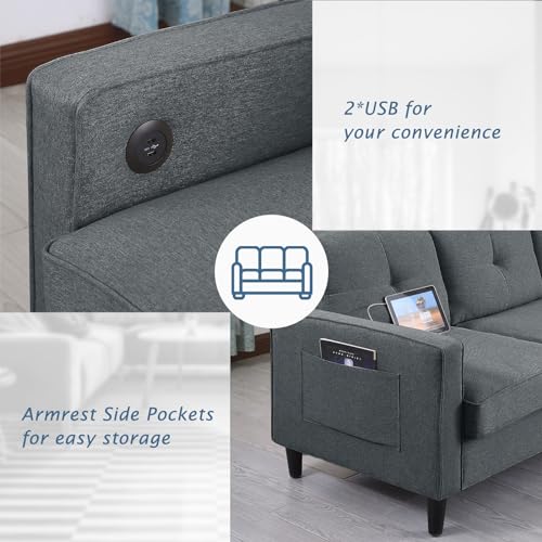 Sectional Sofa for Living Room 76inch Small Space Couches 3 Seater Sofa L shaped Chaise Loveseat Linen Fabric Comfy Couch Chairs with Reversible Ottoman Bench for Home, Apartment, Dorm, Office (Grey)
