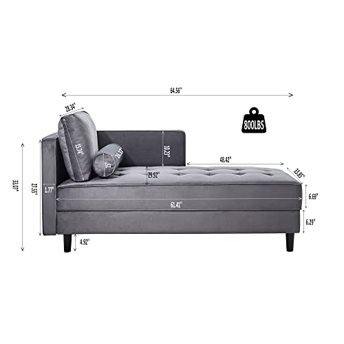 Taikonaut 64" Upholstered Velvet Chaise Lounge with Left Armrest & Lumbar Pillow, Button Tufted Lounge Sofa, Lounge Chair Indoor, Modern Velvet Lounge Chair for Bedroom, Living Room and Office (Gray)