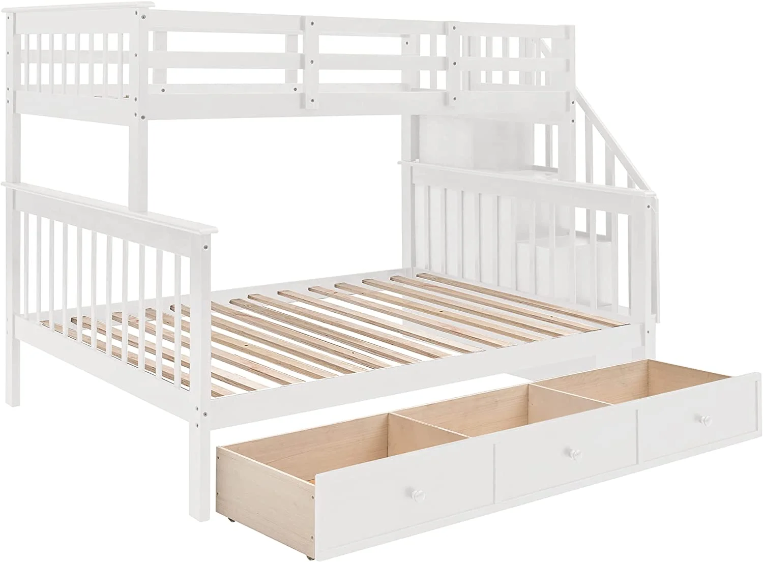 Over Full Bunk Bed With Stairs, Solid Wood Stairway Bunk Bed With Storage Drawers For Kids Teens Adults, Bedroom, Dorm (White)