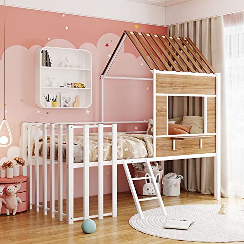 Harper & Bright Designs Kids House Beds Low Loft Bed Frame with Roof, Window, Guardrail and Ladder, Metal Twin Size Loft Bed for Kids Teens Girls Boys (Twin, White)