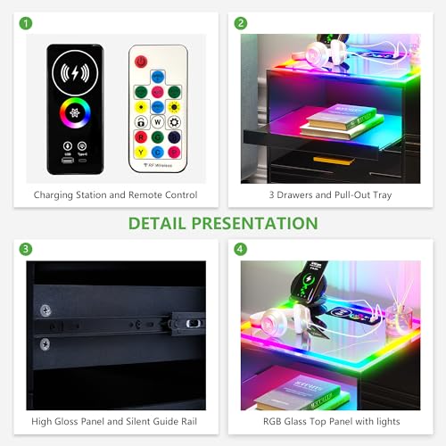 HNEBC RGB LED Nightstand with Wireless Charging Station, Smart Night Stand with 3 Drawers and Sliding Tray, Modern Bedside Table for Bedroom Furniture, High Gloss End Sofa Tables (B Black)