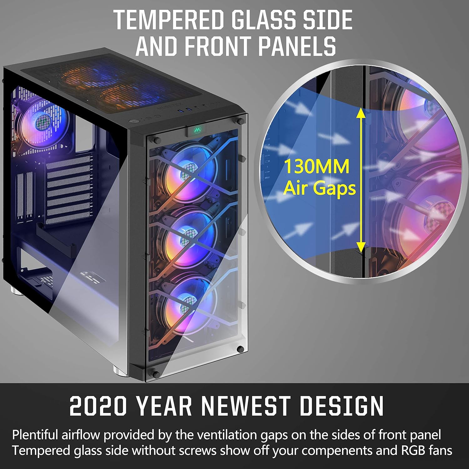 MUSETEX USB 3.0 Ports & 6 PCS 120mm LED ARGB Fans Pre-Installed ATX Mid Tower Computer Gaming Case with Remote Control Tempered Glass (BX6-MN6)
