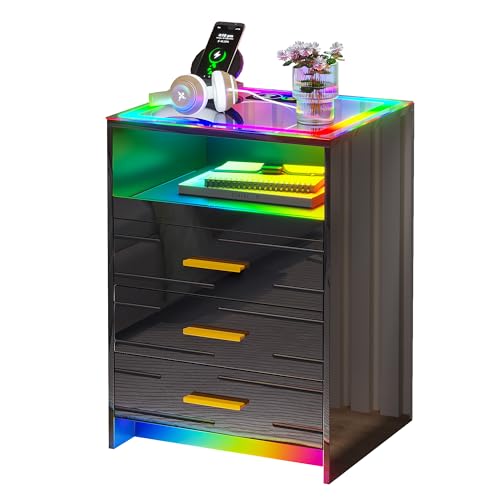 HNEBC RGB LED Nightstand with Wireless Charging Station, Smart Night Stand with 3 Drawers and Sliding Tray, Modern Bedside Table for Bedroom Furniture, High Gloss End Sofa Tables (B Black)