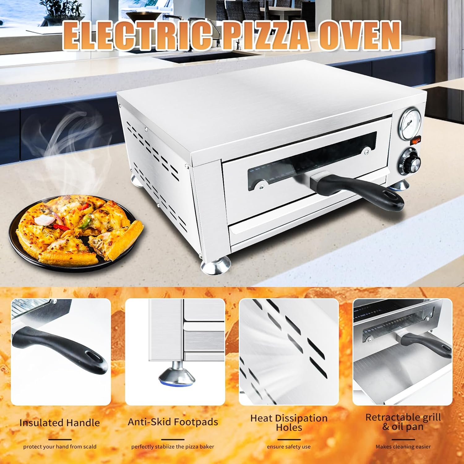 KOOTEH Electric Commercial Indoor Pizza Oven Stainless Steel Countertop Pizza Oven with Bread Crumbs 1100W Pizza Oven for home Restaurant