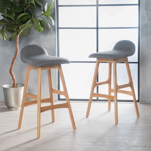 Mid-Century Modern Upholstered Bar Stool Set of 2 Wood Counter Height Chairs with Footrests for Bar Areas Dining Areas Lounges and Small Spaces (Charcoal)