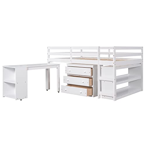 Maximized Space Functional Low Study Loft Bed with Desk, Cabinet, Bookshelf, and Rolling Portable Desk – High-Grade Pinewood Frame with Full-Length Guardrail for Enhanced Safety (White,Full)