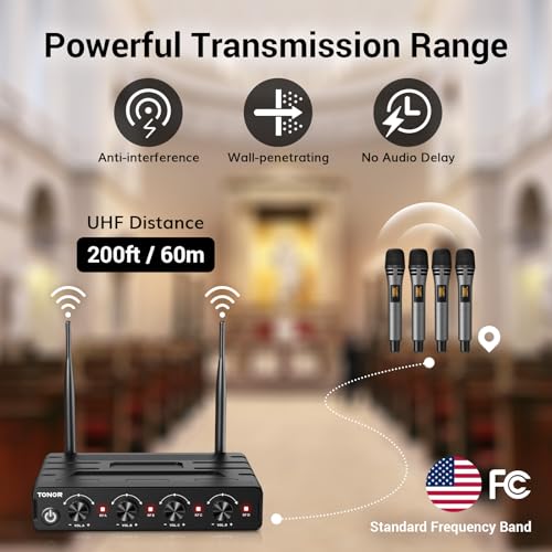 TONOR Wireless Microphones System with 4x10 Channels Cordless Handheld Microfono Inalambrico, 200FT UHF Range, Mics with stable signal Transmission for Karaoke Singing Party Church Wedding PA Speaker