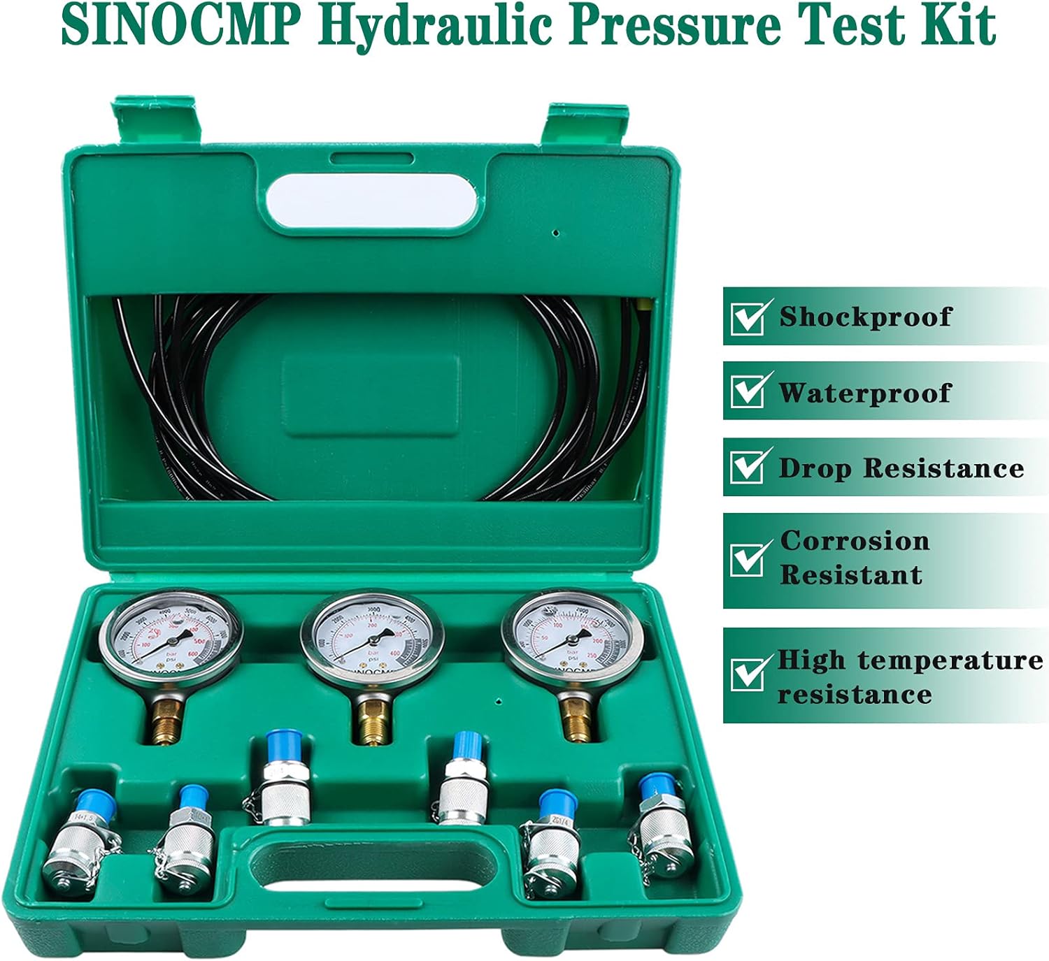 Upgraded Version Hydraulic Pressure Gauge Kit - SINOCMP Excavator Hydraulic Kit Stainless Steel Pressure Gauge Test Gauge Kit for Excavators, 2 Years Warranty