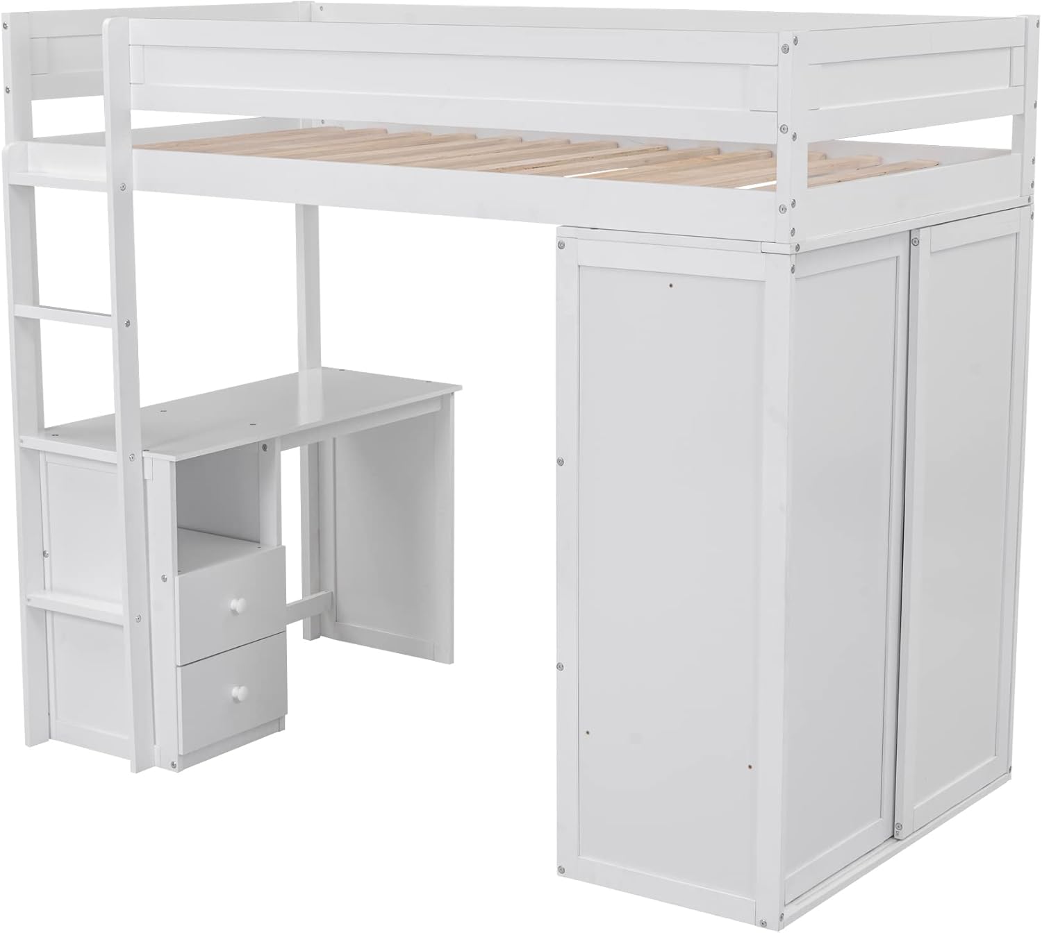 Modern Twin Loft Bed with Desk and Wardrobe, Wooden Twin Size Loft Bed with Storage Drawers for Girls Boys Teens,No Box Spring Needed, White