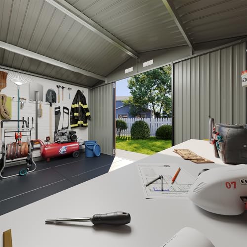 8'x4' Shed Galvanized Steel Storage Sheds with Triple Doors Weatherproof Outdoor Utility Sheds, Dual Lock Lean to Shed with Sloped Roof for Mower, Bike, Generator, Garden Tools (Black)